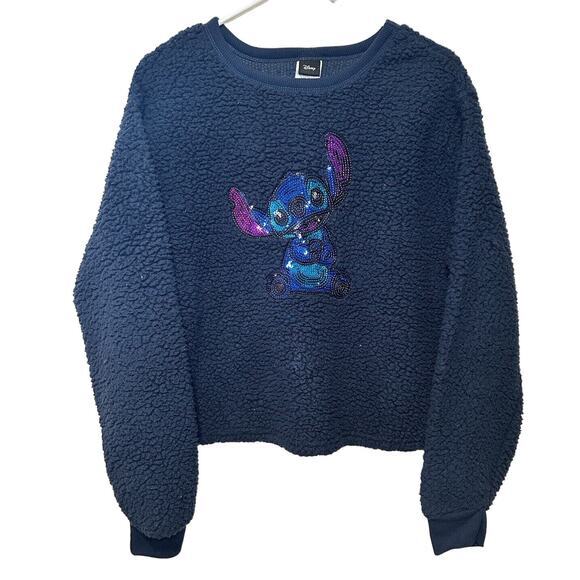 Disney Crewneck Lilo‎ & Stitch Sequin Nubby Fleece Faux Sherpa Navy Youth 12 - Picture 1 of 6